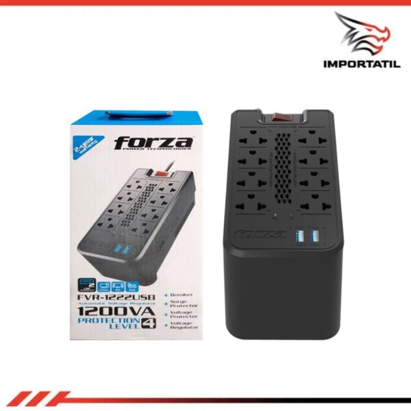 Regulador automático de voltaje 1200VA/600W, 8 slds, 2 USB-220V
